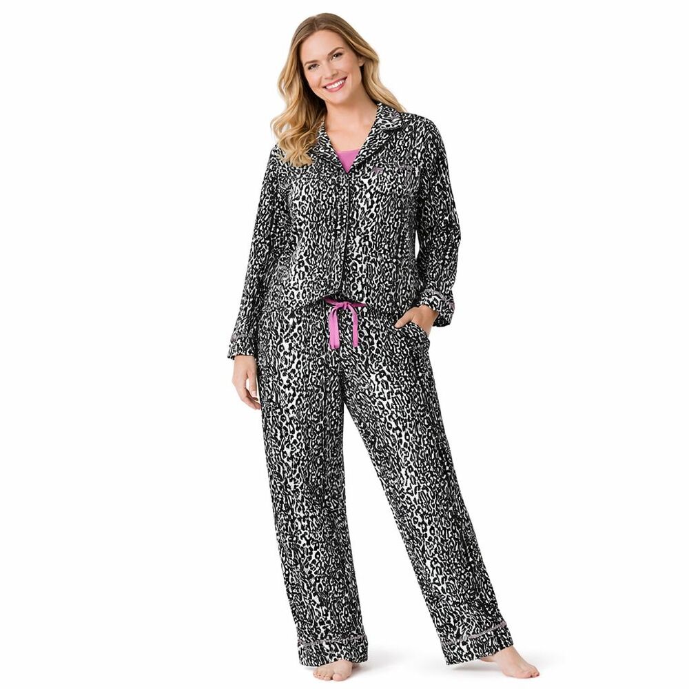 Nick & Nora Leopard Flannel Pajamas Set Womens Sz XXL Purple Satin Trim VTG NEW